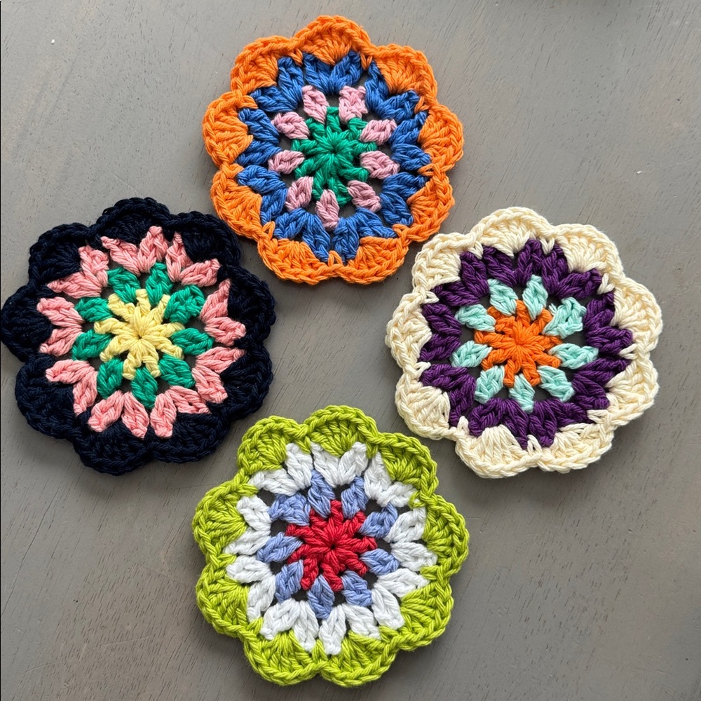 Crochet Coaster Set of 4 Hand Crafted Crochet Granny 100% Cotton Made by Seller